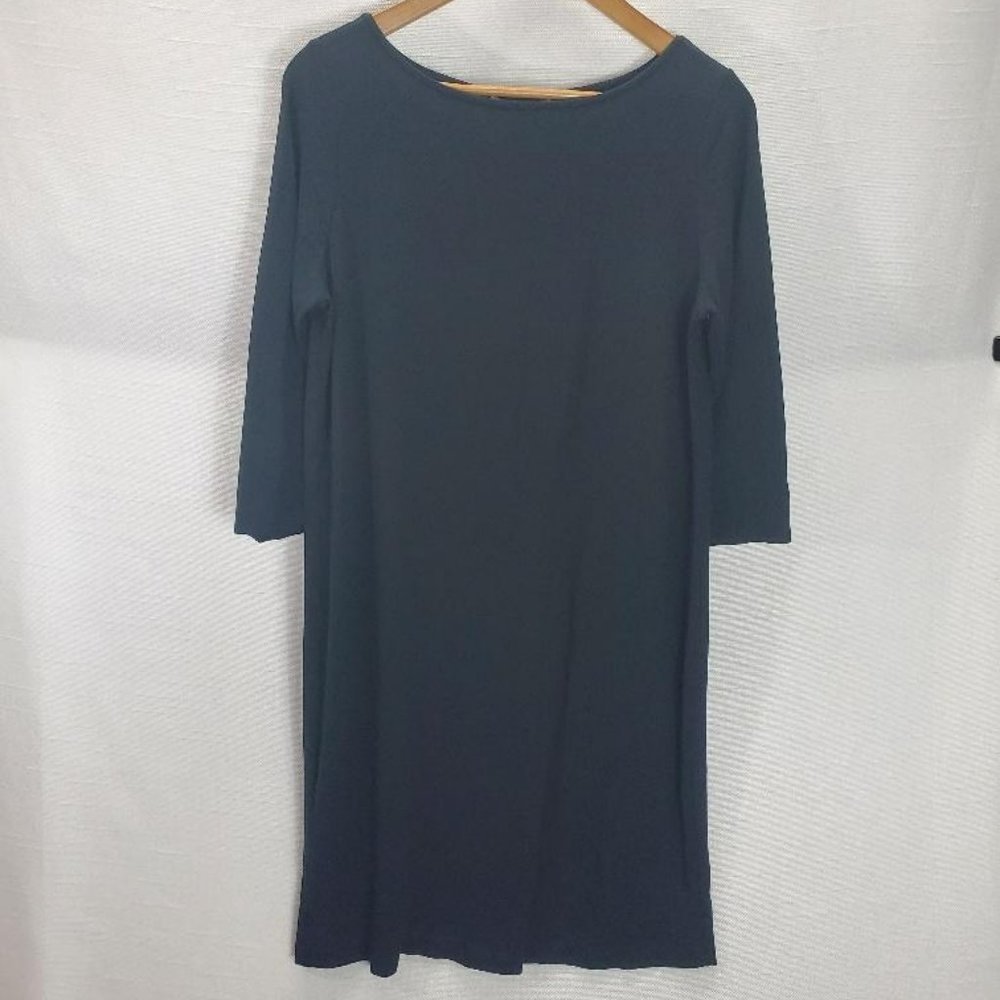 J Jill Wearever Dress Womens M Black/White Back Pleat 3/4 Sleeve Knee Length
